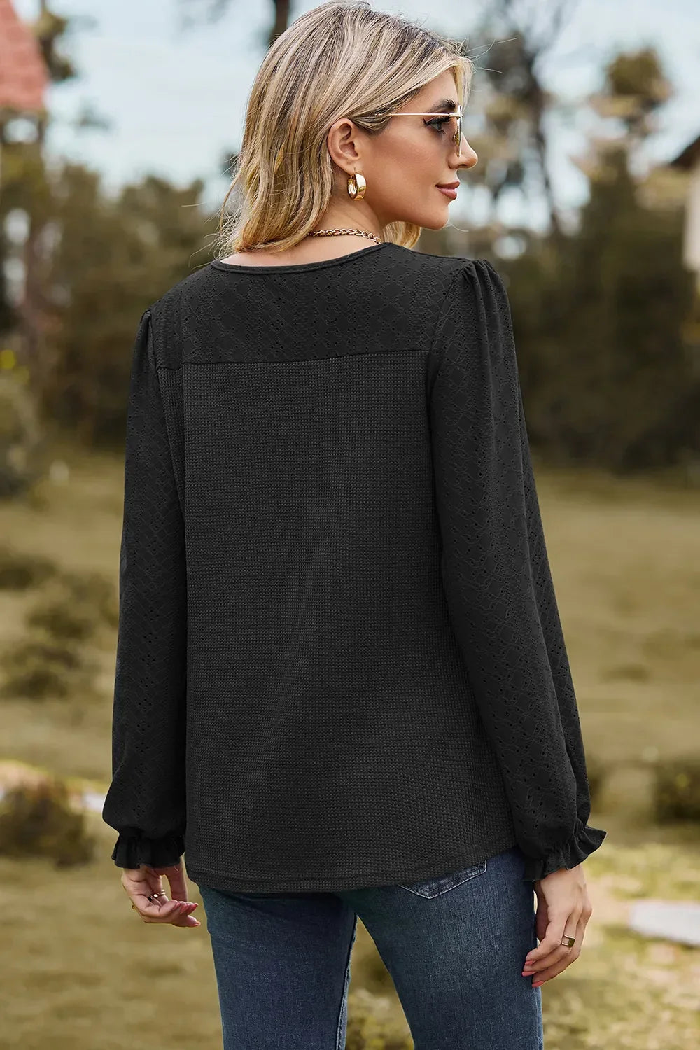 Eyelet Round Neck Flounce Sleeve T-Shirt - Southern Shores Clothing