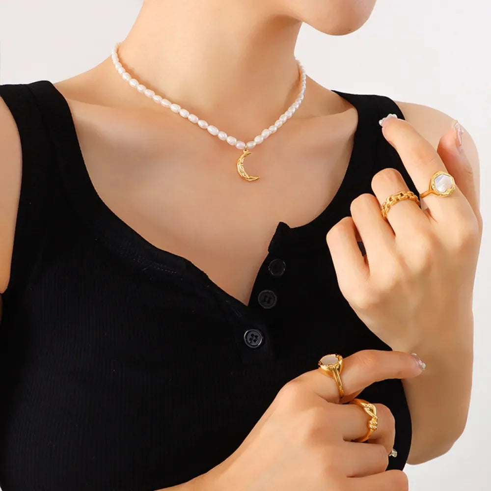 Freshwater Pearl Moon Pendant Necklace Titanium Steel Chain - Southern Shores Clothing