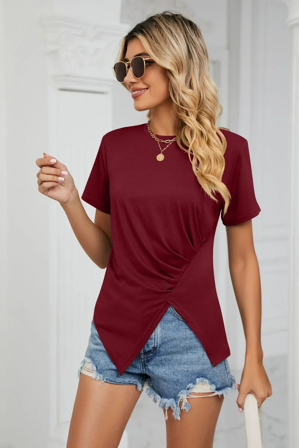 Ruched Hem Crewneck Short Sleeve T Shirt Stretchy Fabric - Southern Shores Clothing