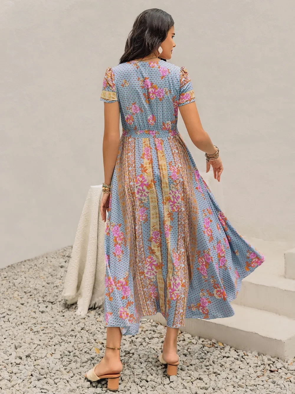 Smocked Floral V-Neck Midi Dress With Buttoned Slit Ruched - Southern Shores Clothing