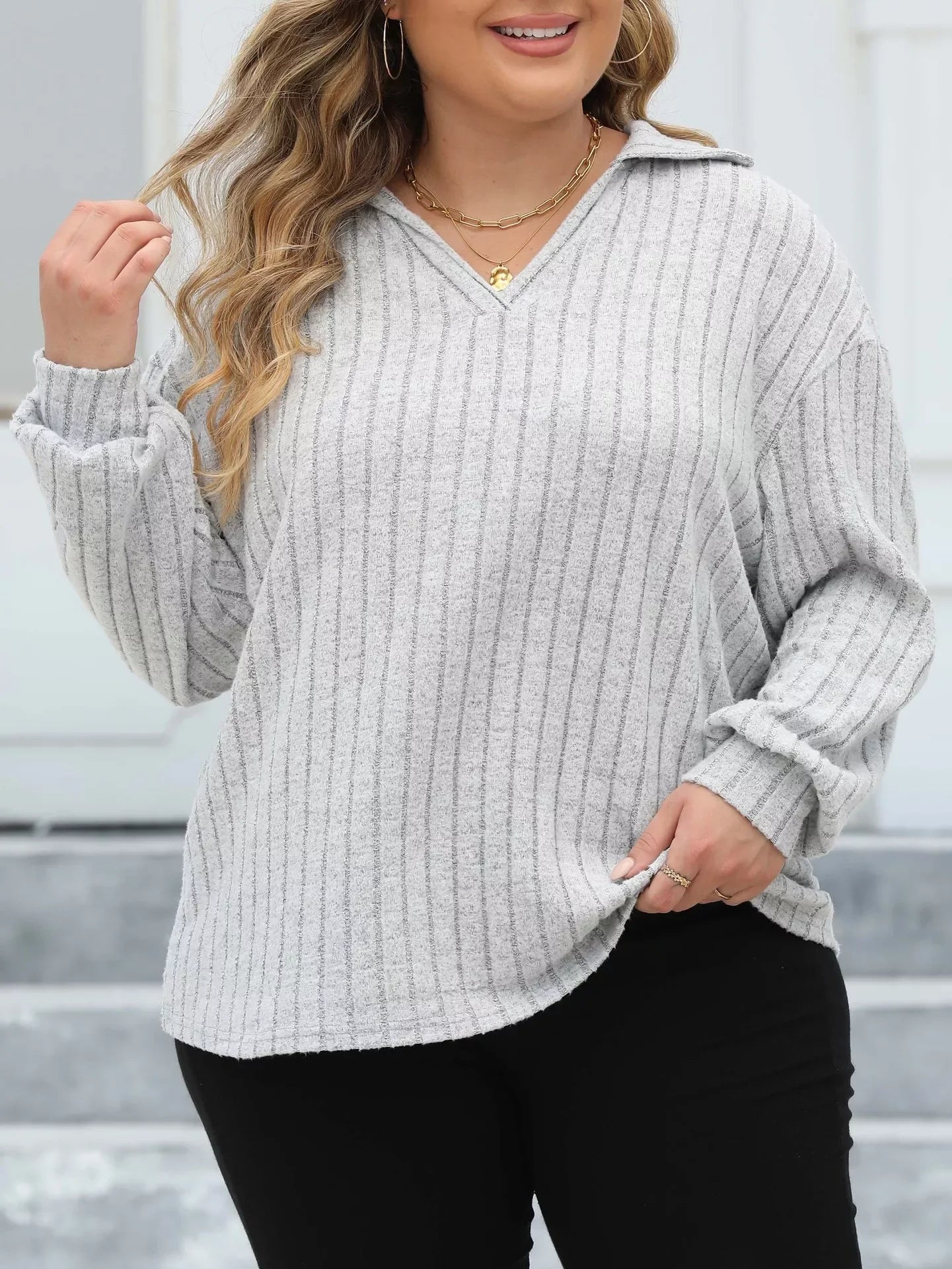 Plus Size Ribbed Knit Polo Collar T Shirt - Southern Shores Clothing