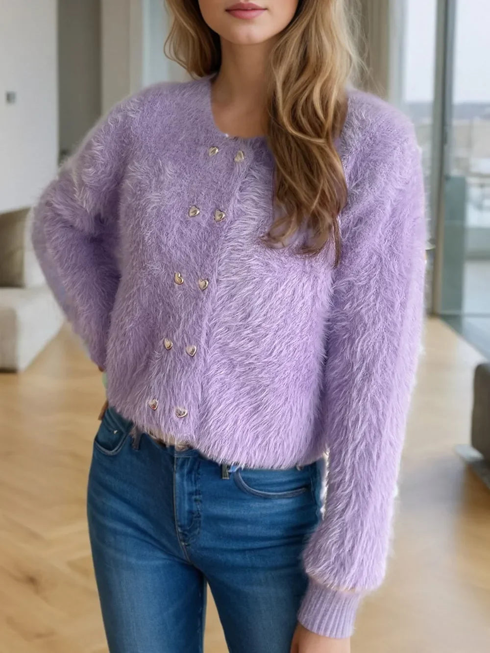 Heart Button Round Neck Cardigan With Stretch Knit - Southern Shores Clothing