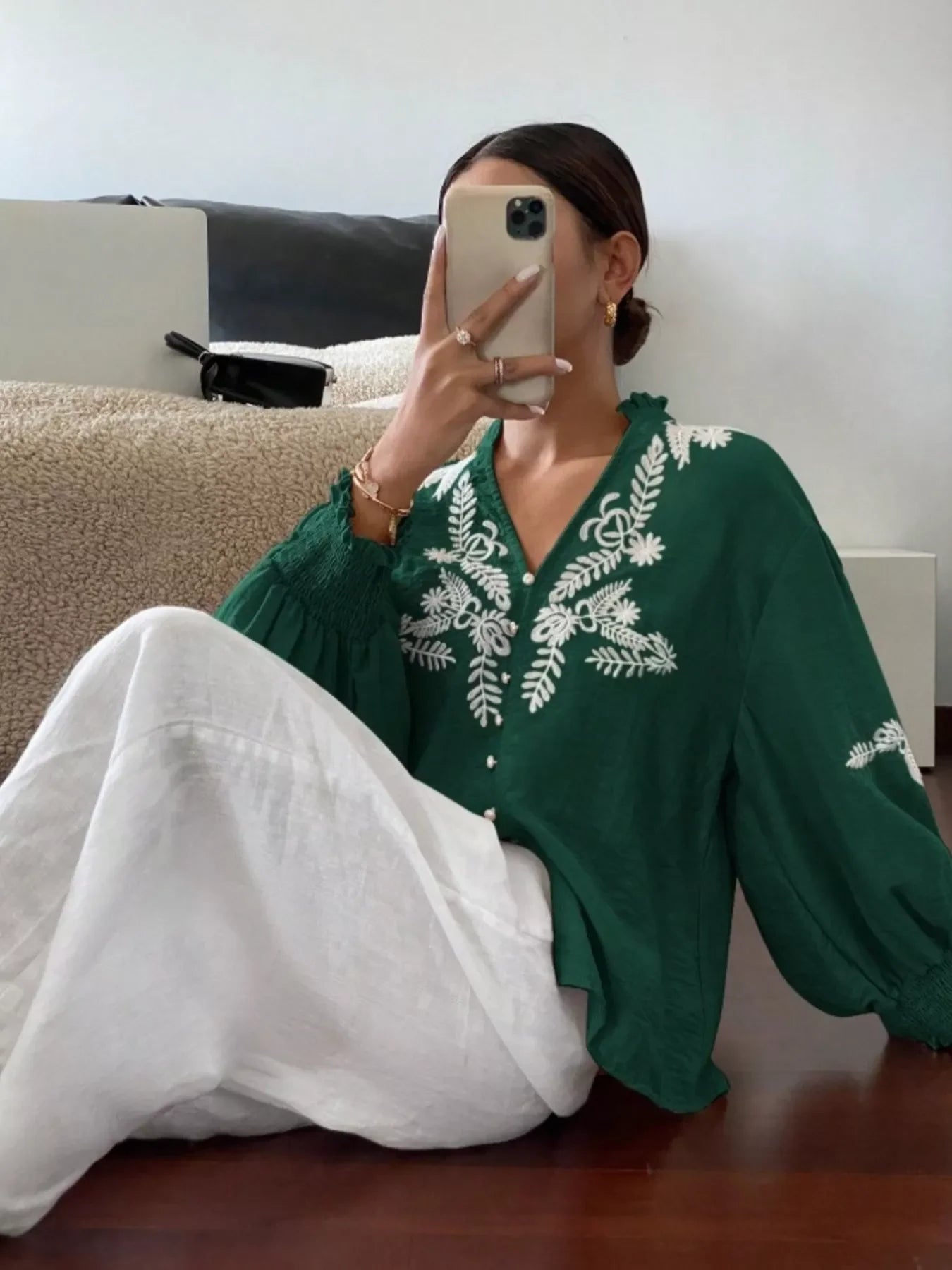 Southern Shores Elegant Embroidered Long Sleeve Buttoned Polyester Blouse With Je T'aime Design - Southern Shores Clothing