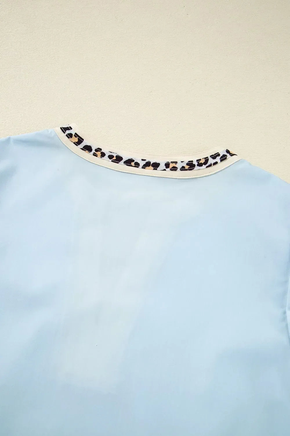 Contrast Leopard Trim Split Neck Puff Sleeve Blouse - Southern Shores Clothing