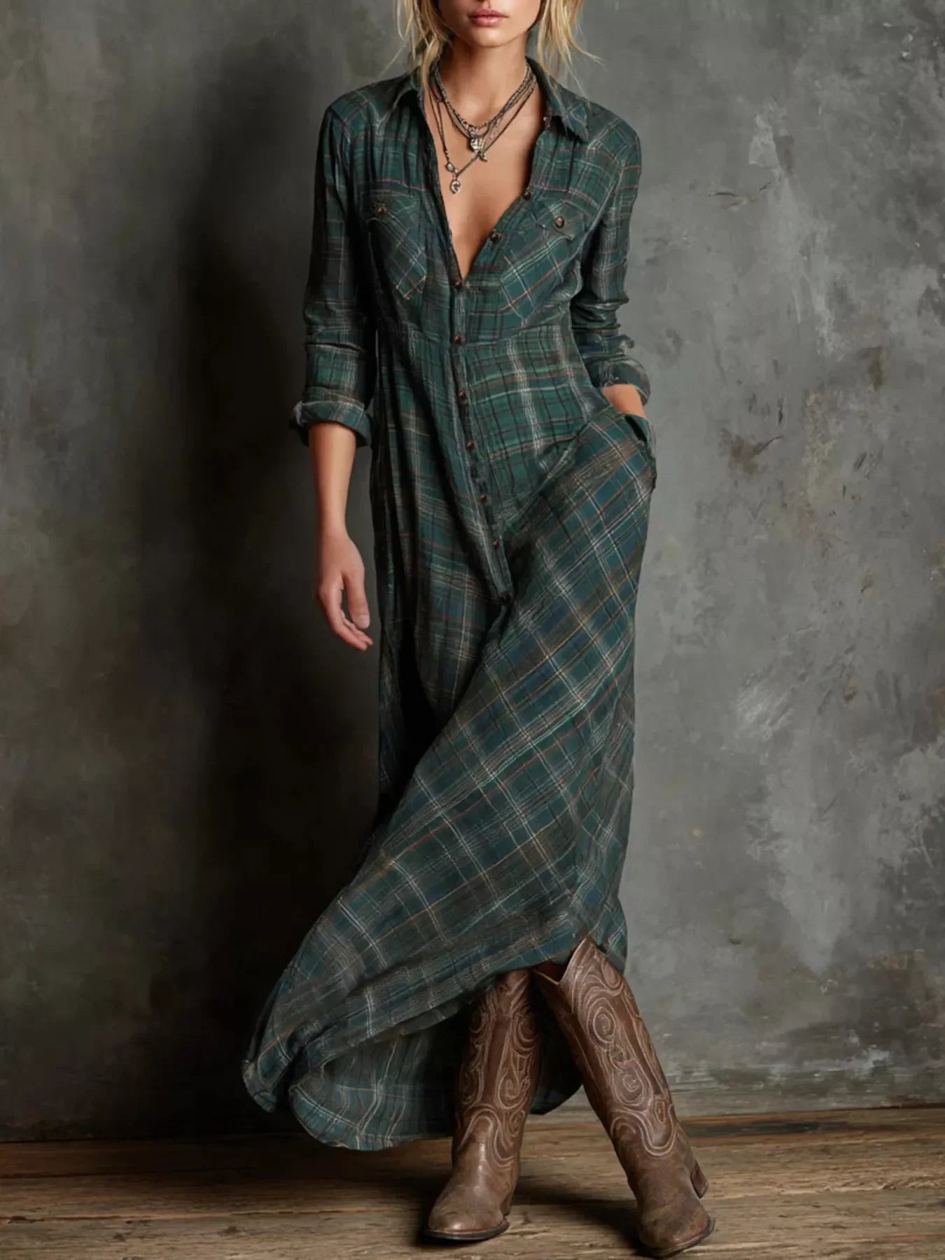 Plaid Button-Down Maxi Dress With Pockets Plus Size - Southern Shores Clothing