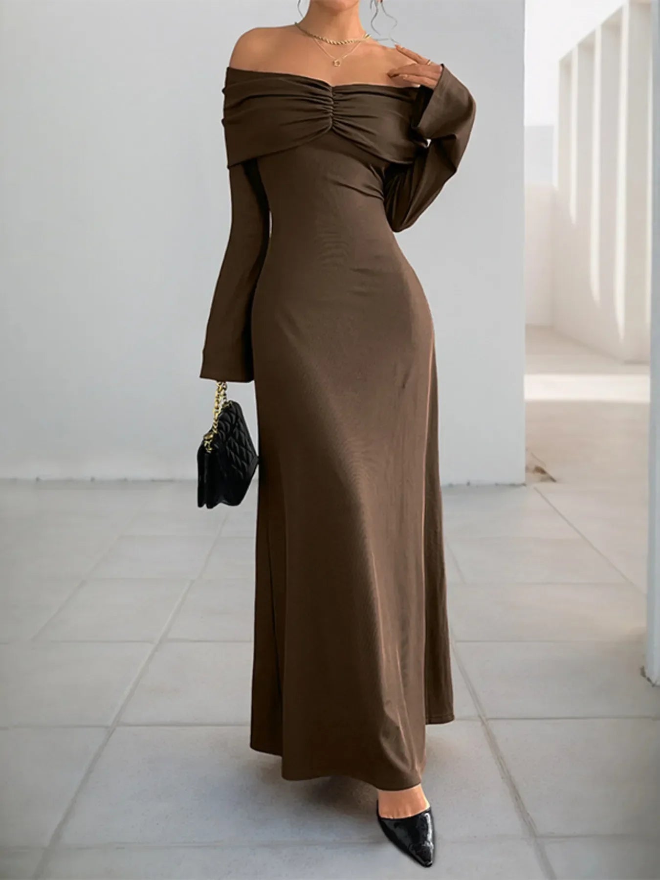 Off-Shoulder Long Sleeve Bodycon Maxi Dress - Southern Shores Clothing