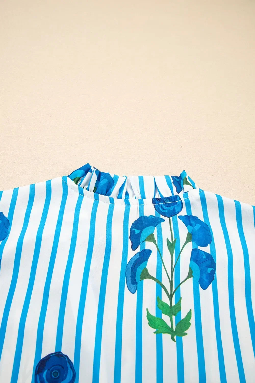 Striped Floral Notched Neck Puff Sleeve Blouse - Southern Shores Clothing