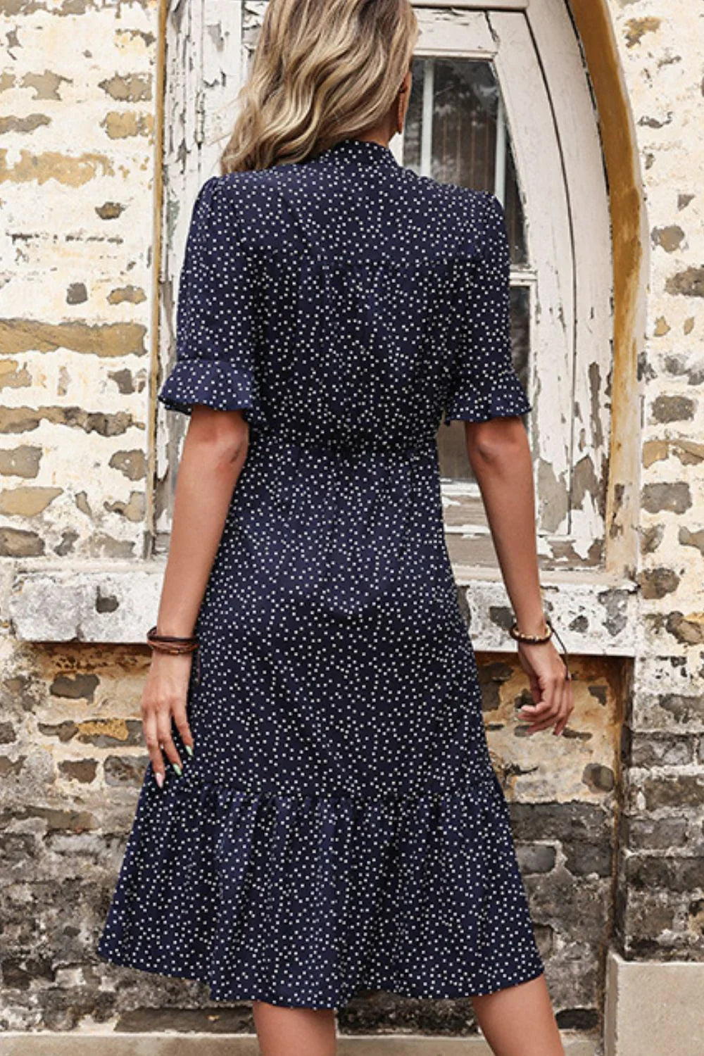 Perfee Polka Dot Tie Front Ruffled Midi Dress - Southern Shores Clothing