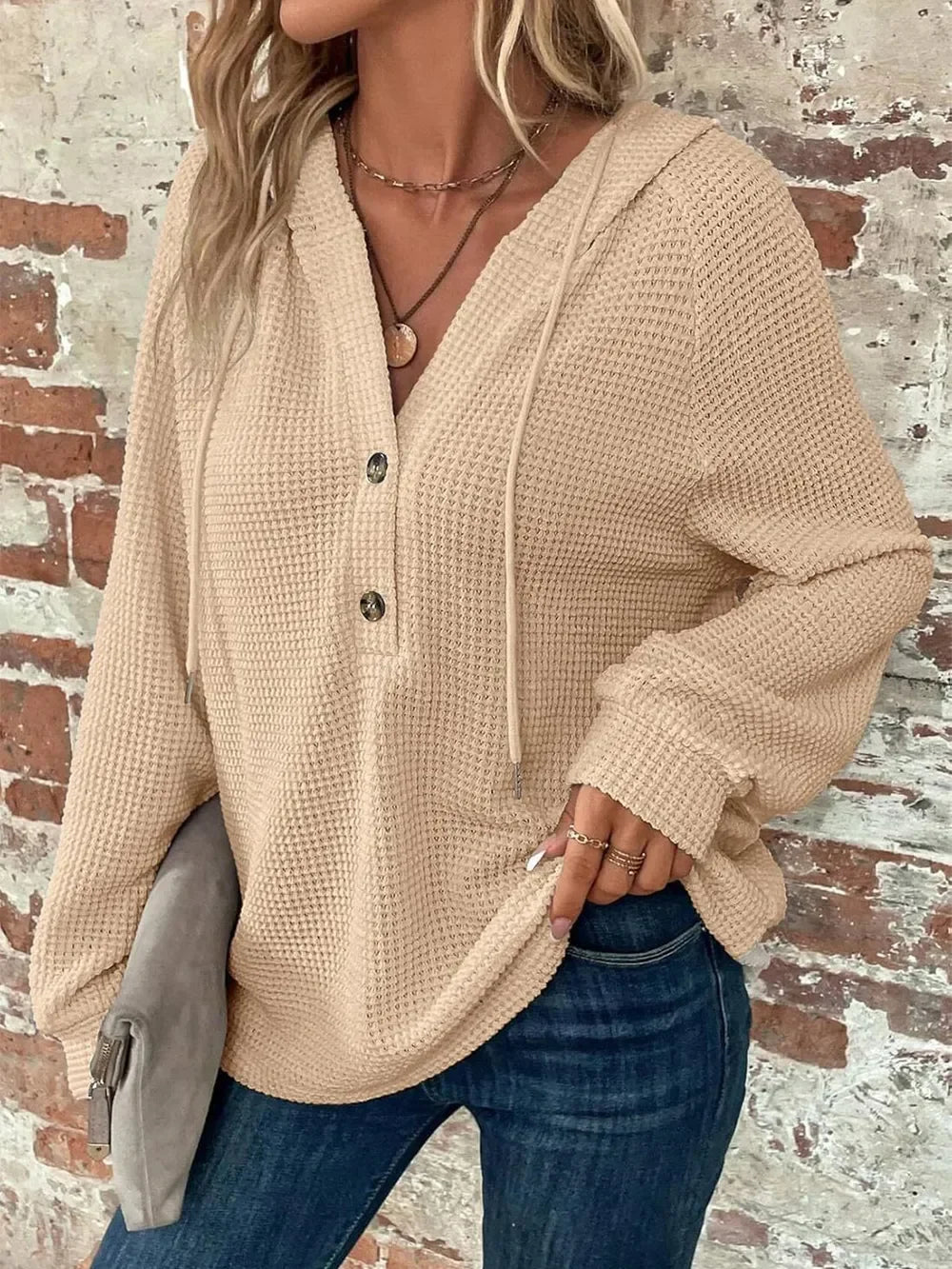 Waffle Knit Long Sleeve Drawstring Hooded Top - Southern Shores Clothing