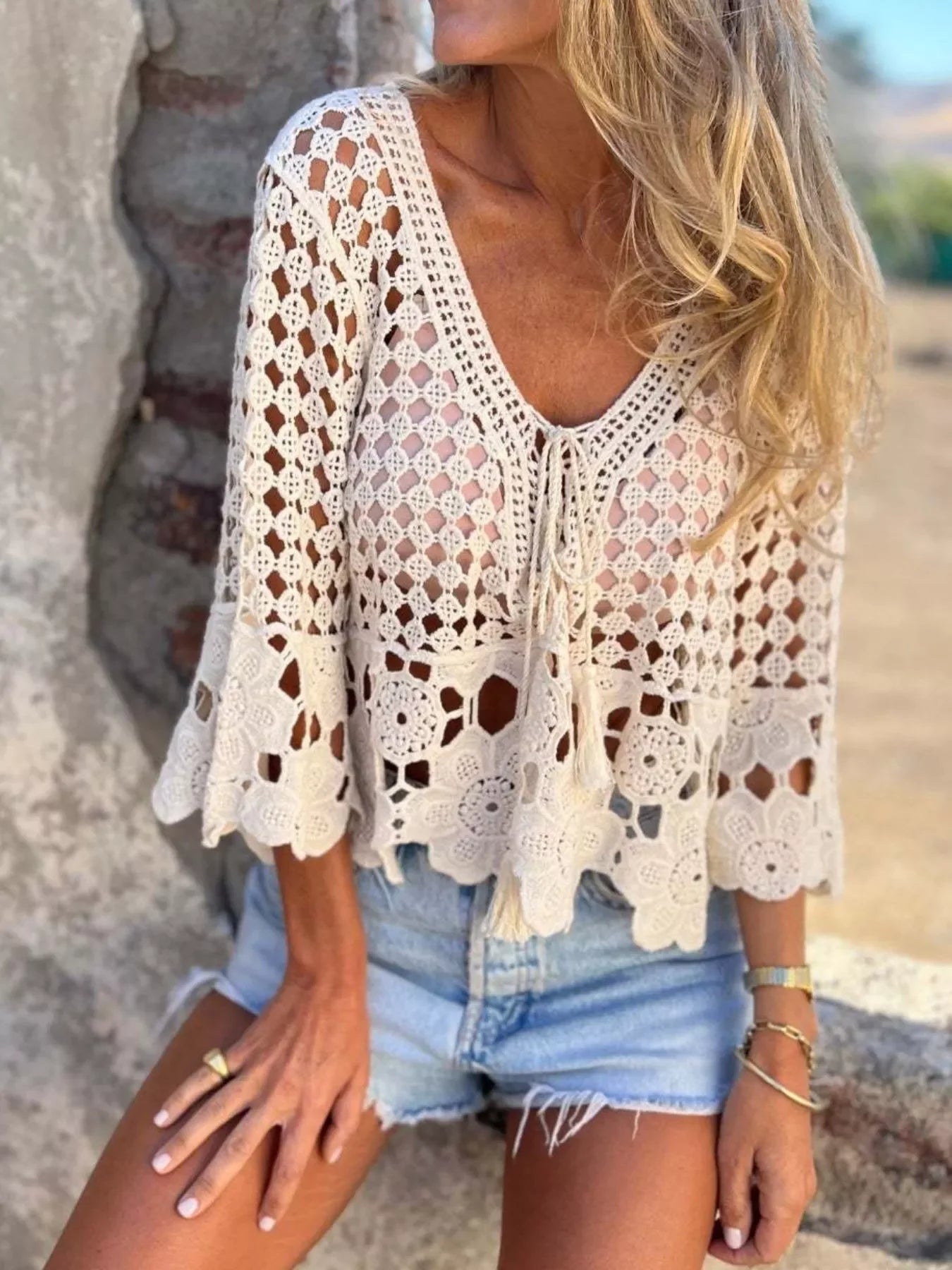 Tassel Crochet Knit Cover Up With Openwork Boho Style Chic - Southern Shores Clothing