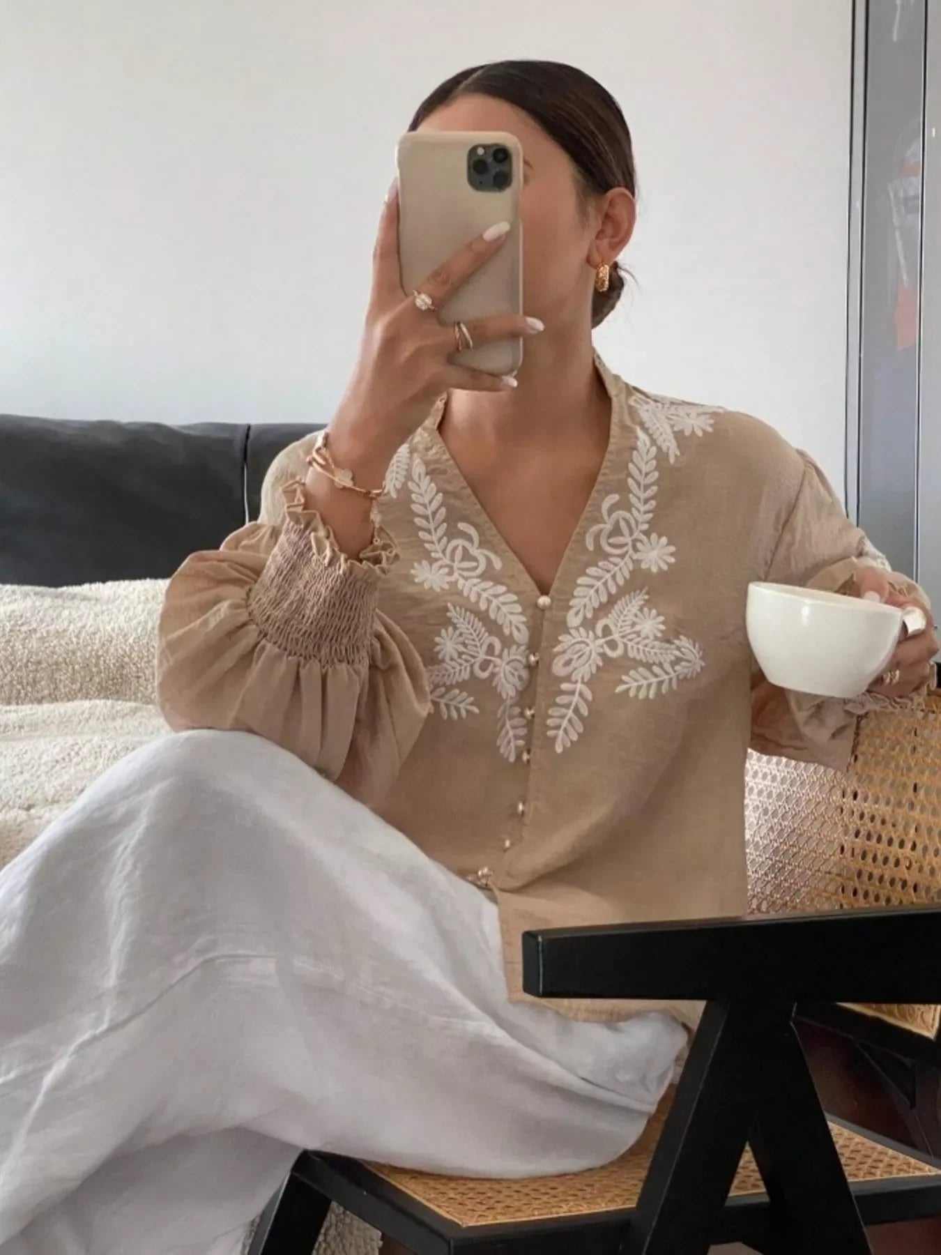 Southern Shores Elegant Embroidered Long Sleeve Buttoned Polyester Blouse With Je T'aime Design - Southern Shores Clothing