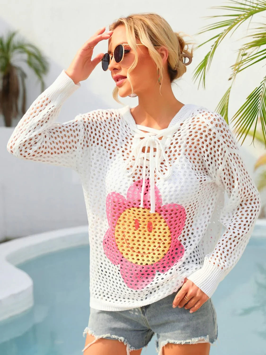 Floral Lace-Up Hooded Stretch Swim Cover Up - Southern Shores Clothing