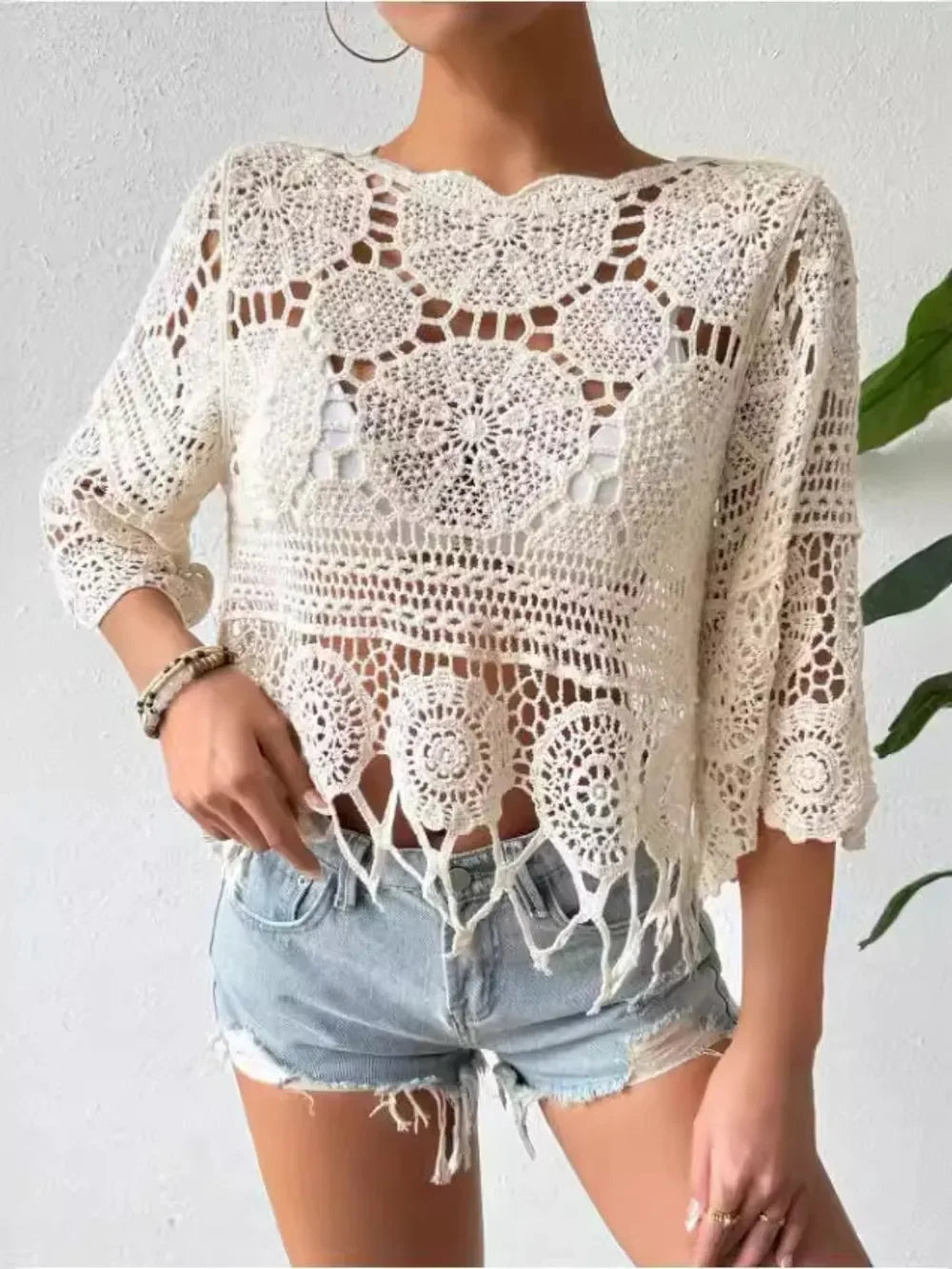 Openwork Sheer Round Neck Cover Up One Size