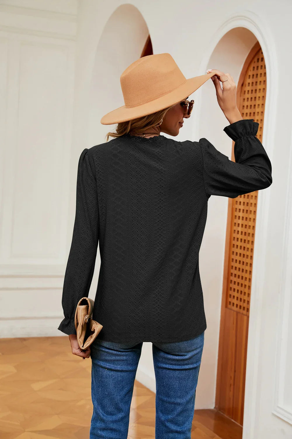 Southern Shores V-Neck Flounce Sleeve Lace Blouse In Stretch Rayon Blend Fabric For Versatile Wear - Southern Shores Clothing
