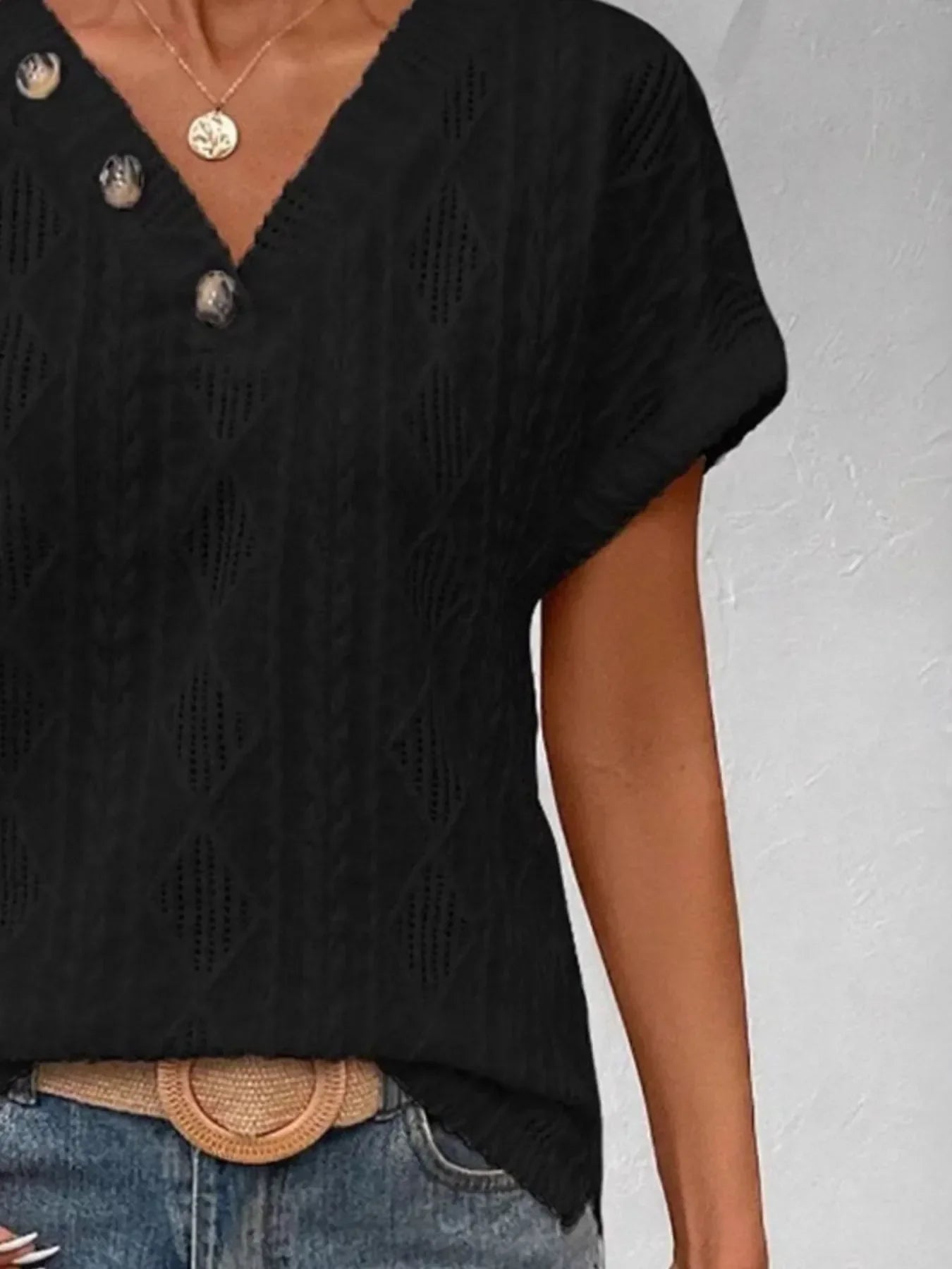Textured V-Neck Short Sleeve Buttoned Top With Openwork - Southern Shores Clothing