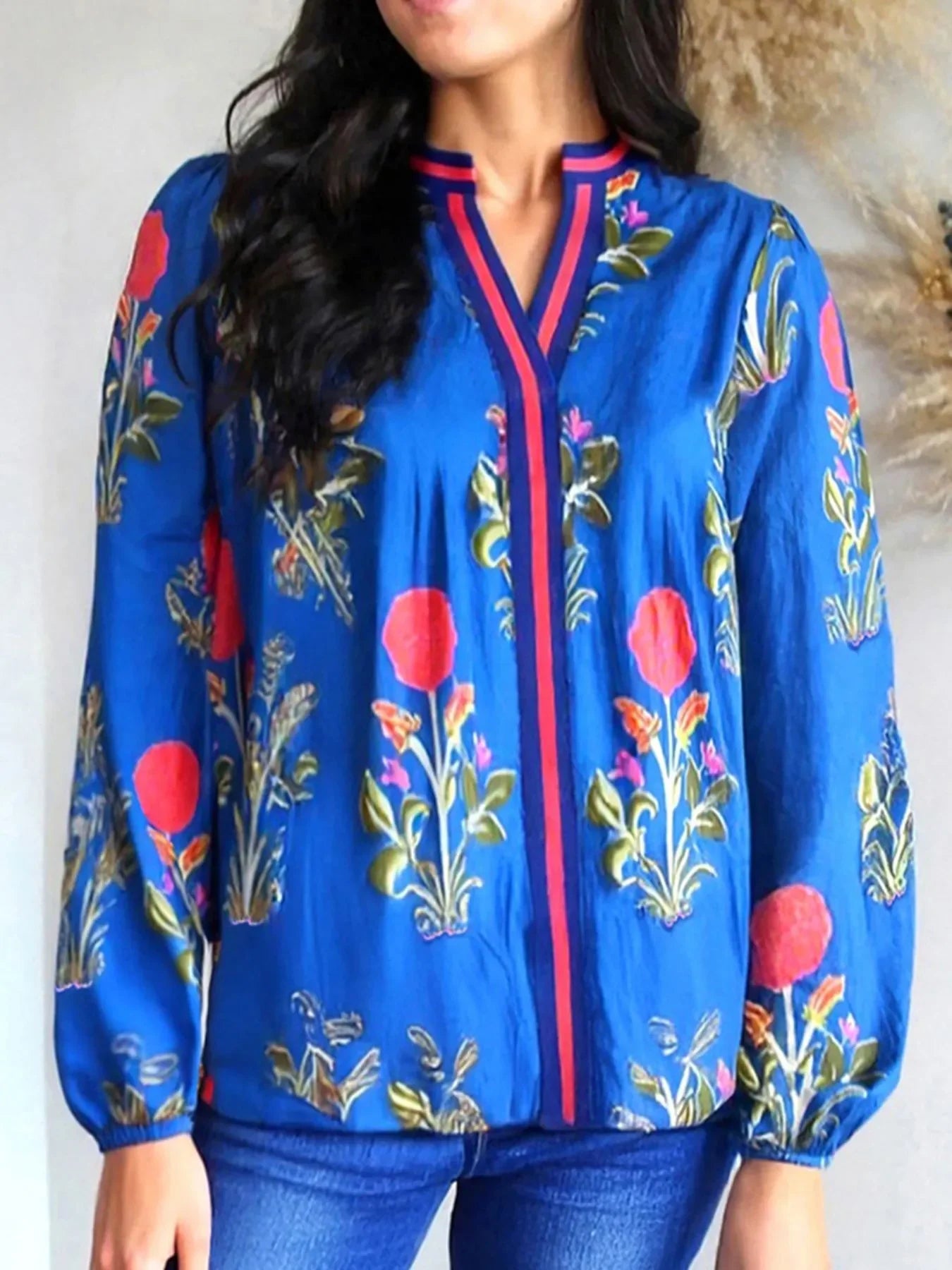 Floral Notched Balloon Sleeve Blouse Polyester - Southern Shores Clothing