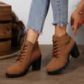 Lace Up Buckle Chunky Heel Ankle Boots Suede Rubber