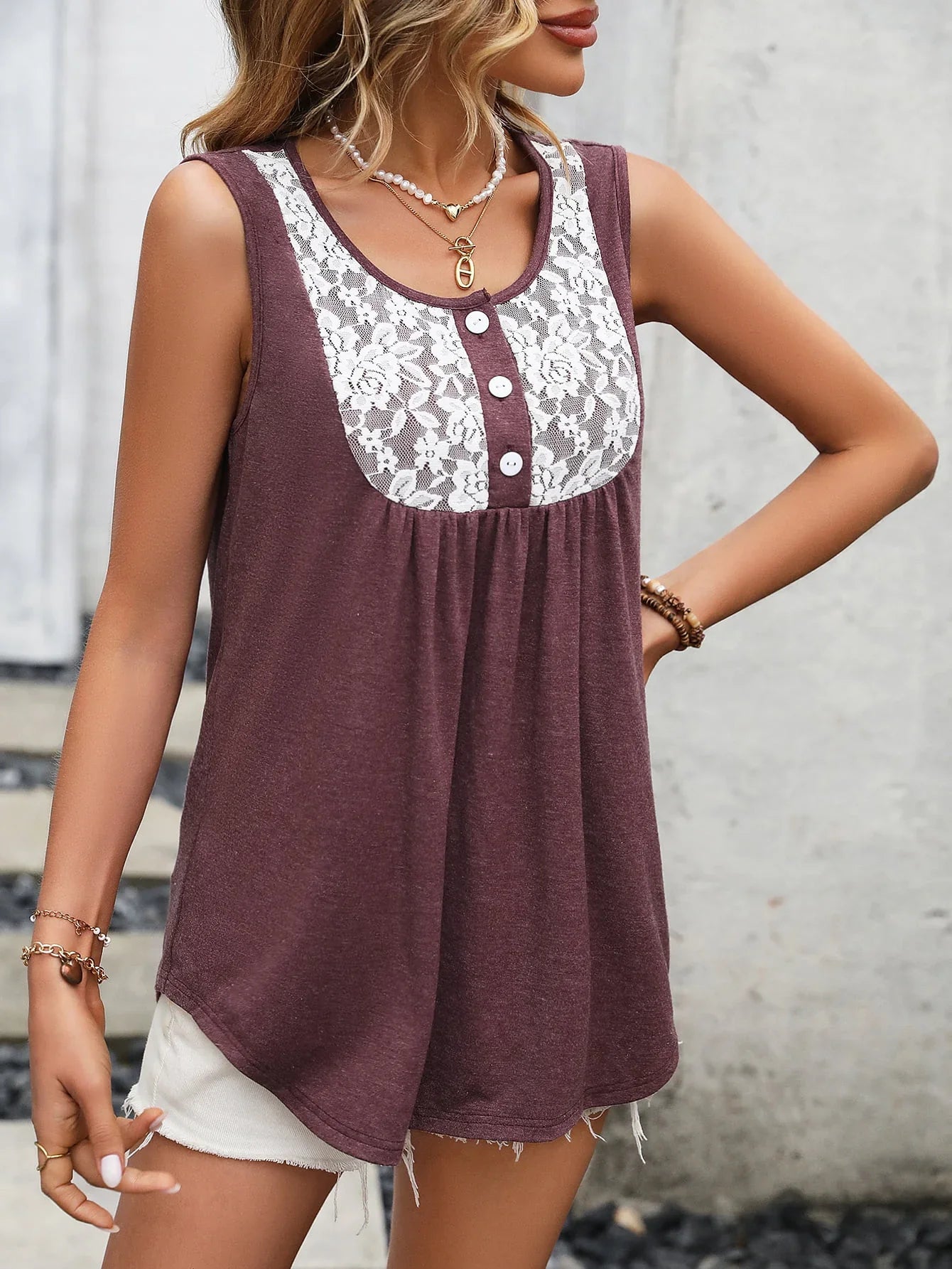 Lace Contrast Scoop Neck Sleeveless Stretch Tank - Southern Shores Clothing
