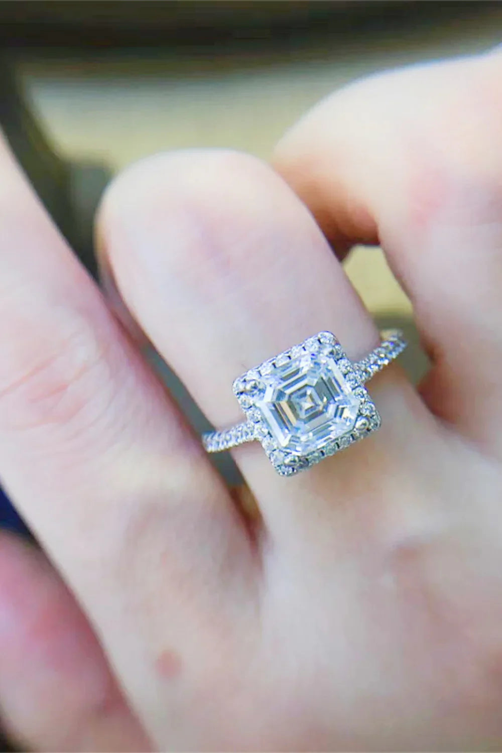 Emerald-Cut Moissanite Ring With Halo In Sterling Silver - Southern Shores Clothing