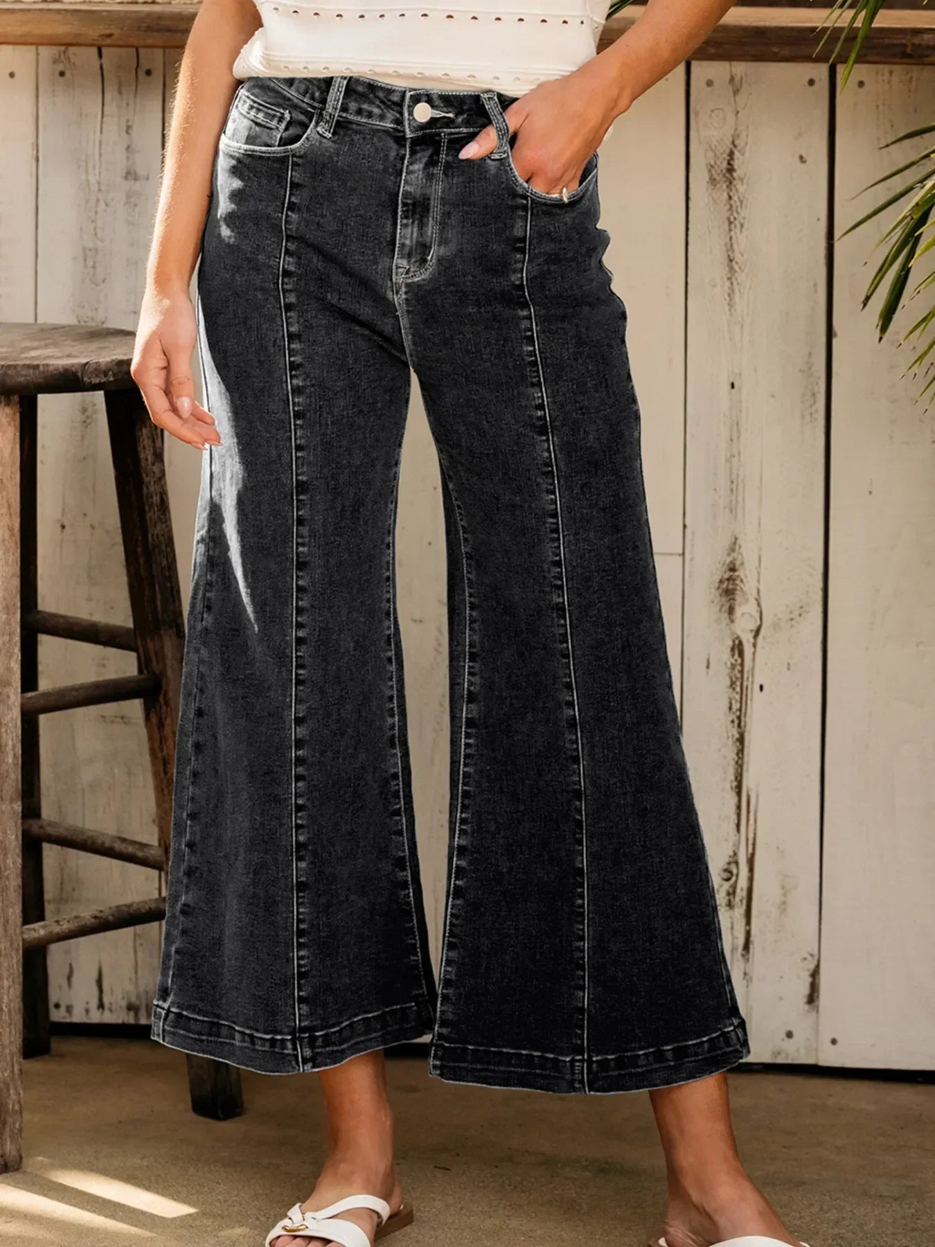 Coastal Seam Detail Flared Bottom Ankle Length Denim Jeans - Southern Shores Clothing