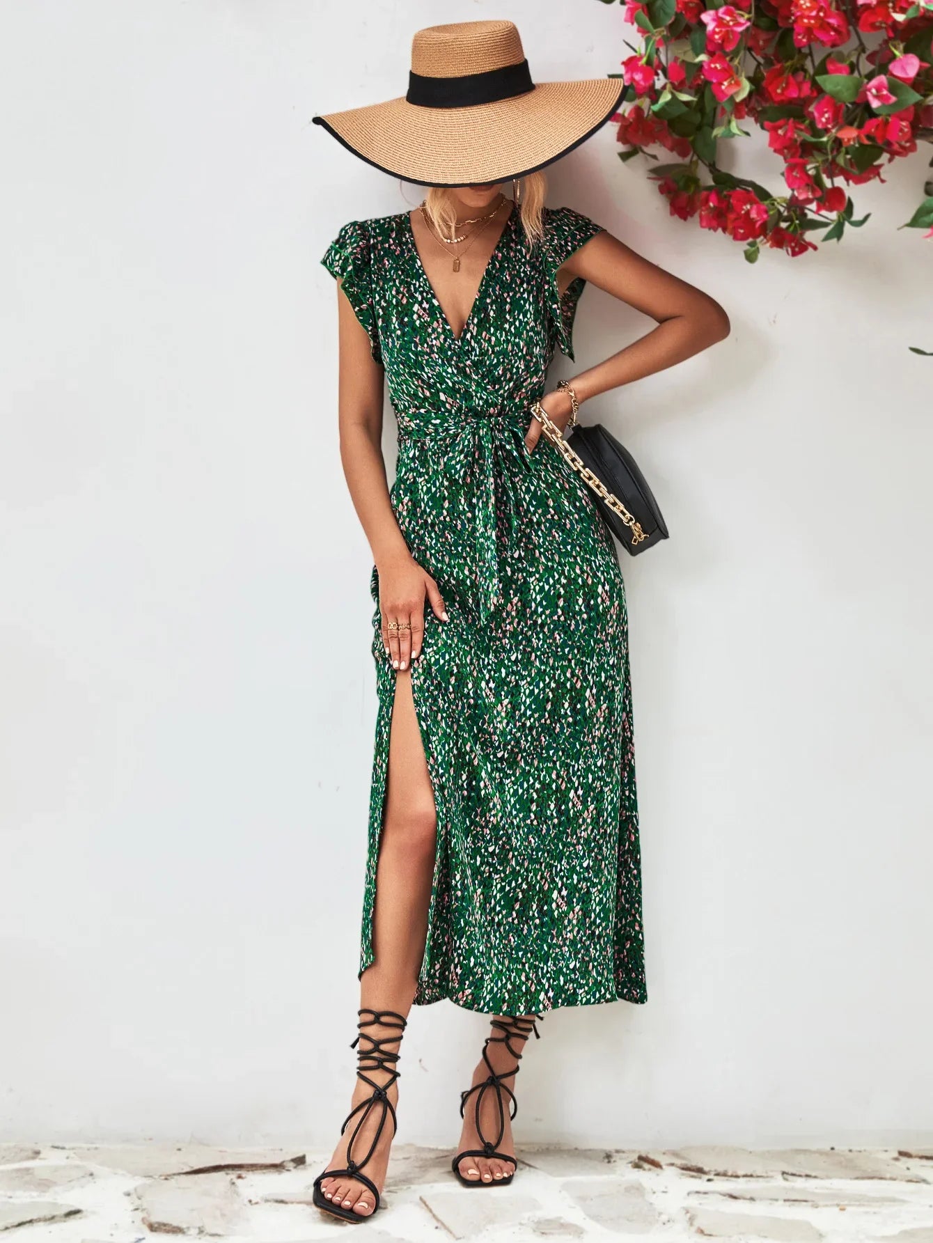 Printed Surplice Neck Flutter Sleeve Slit Dress - Southern Shores Clothing