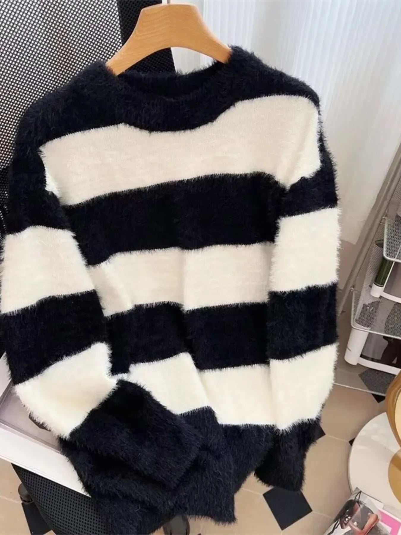 Plus Size Striped Fuzzy Knit Pullover Sweater - Southern Shores Clothing