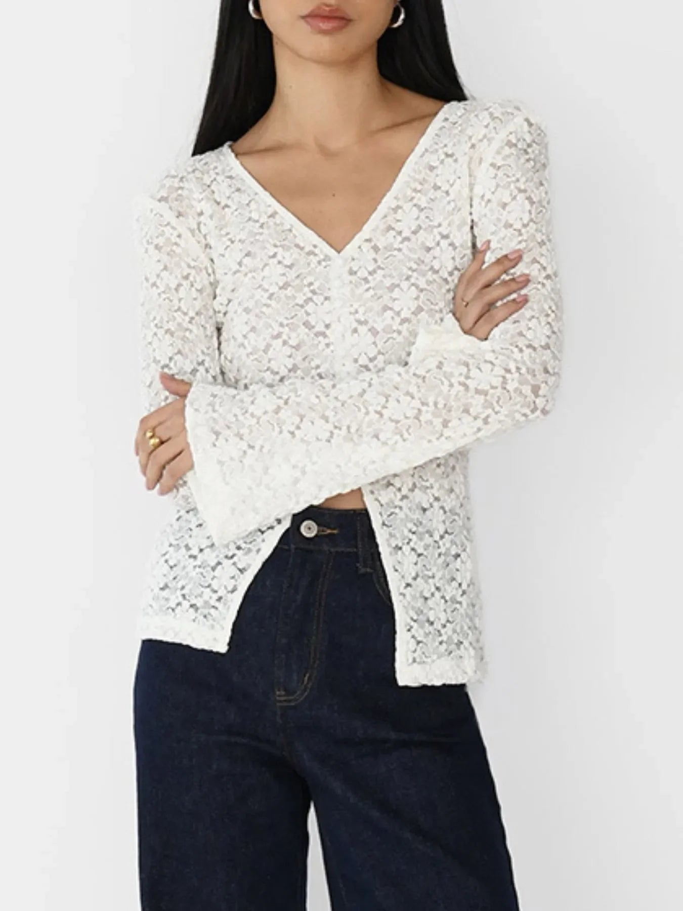 Lace V-Neck Flare Sleeve Buttoned Slit T Shirt - Southern Shores Clothing