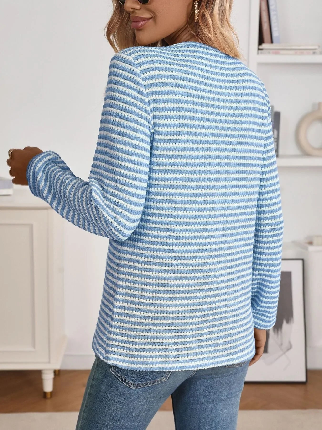 Striped Button Detail Long Sleeve Top - Southern Shores Clothing