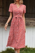Ditsy Floral Button Front Tied Puff Sleeve Dress - Southern Shores Clothing