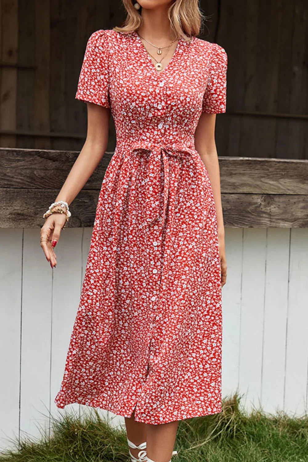 Ditsy Floral Button Front Tied Puff Sleeve Dress - Southern Shores Clothing