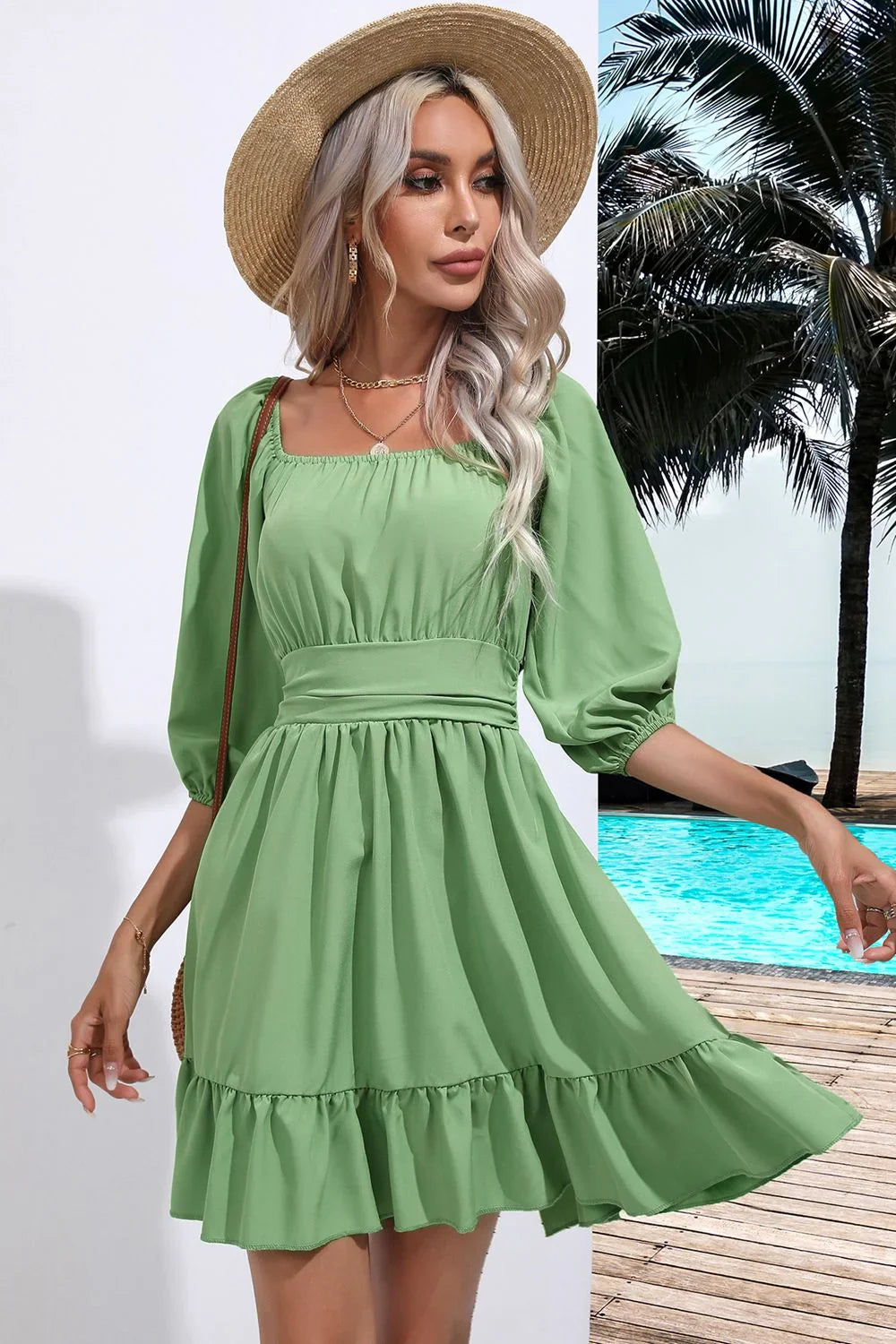 Square Neck Tie Back Ruffle Hem Dress Coastal Casual - Southern Shores Clothing