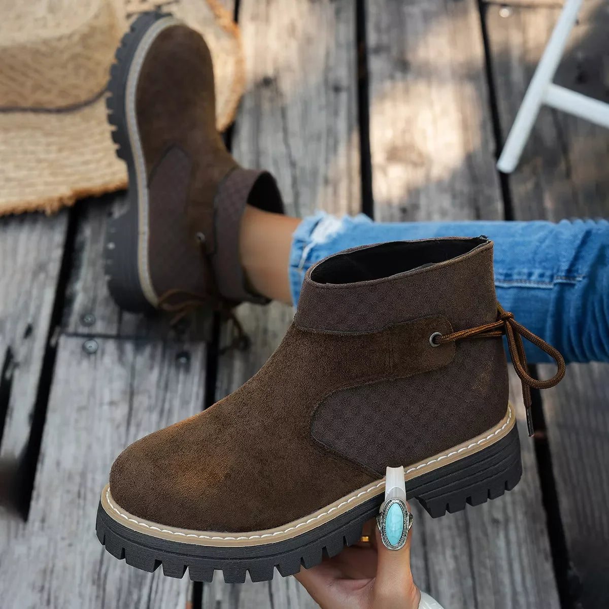 Round Toe Platform Boots Suede Rubber Mid Heel - Southern Shores Clothing