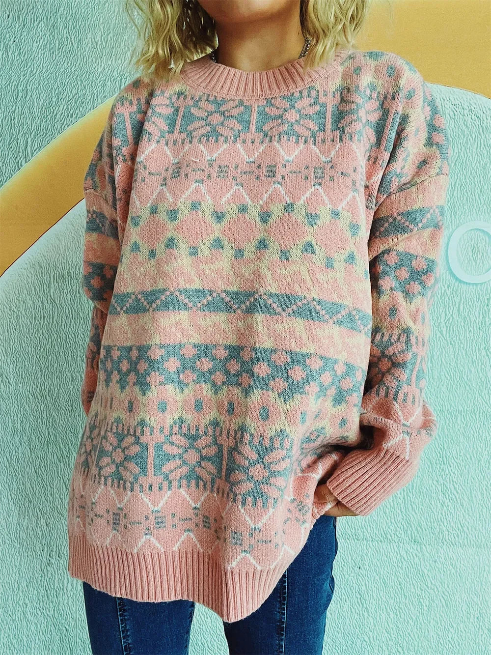 Geometric Pattern Dropped Shoulder Sweater - Southern Shores Clothing