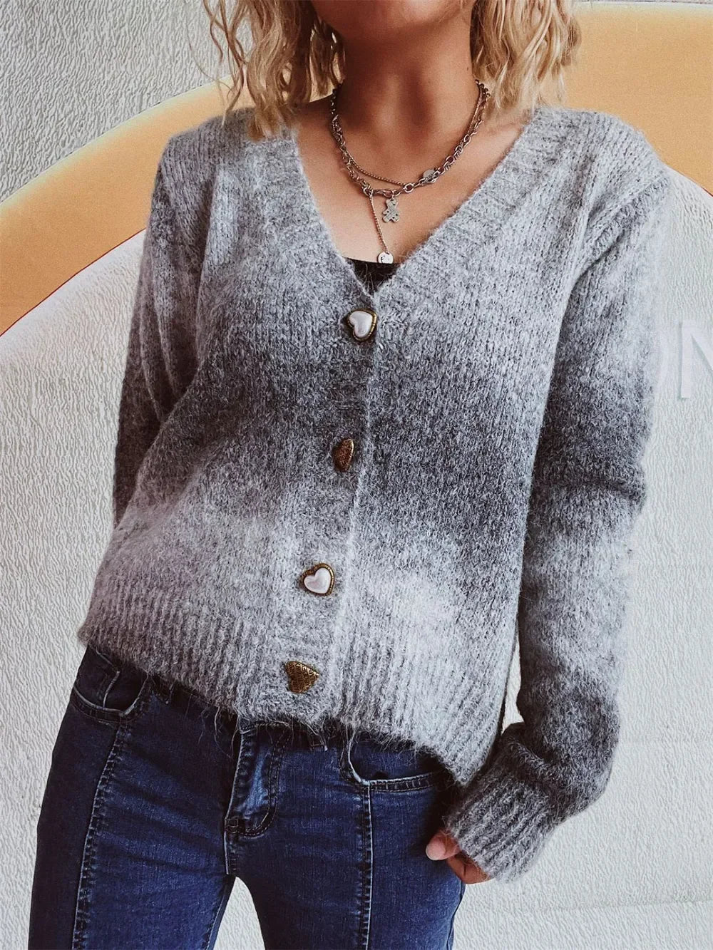 Heart Shape Button Front V-Neck Cardigan With Stretch - Southern Shores Clothing