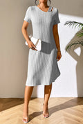 Ivy Lane Ribbed Asymmetrical Neck Short Sleeve Dress - Southern Shores Clothing