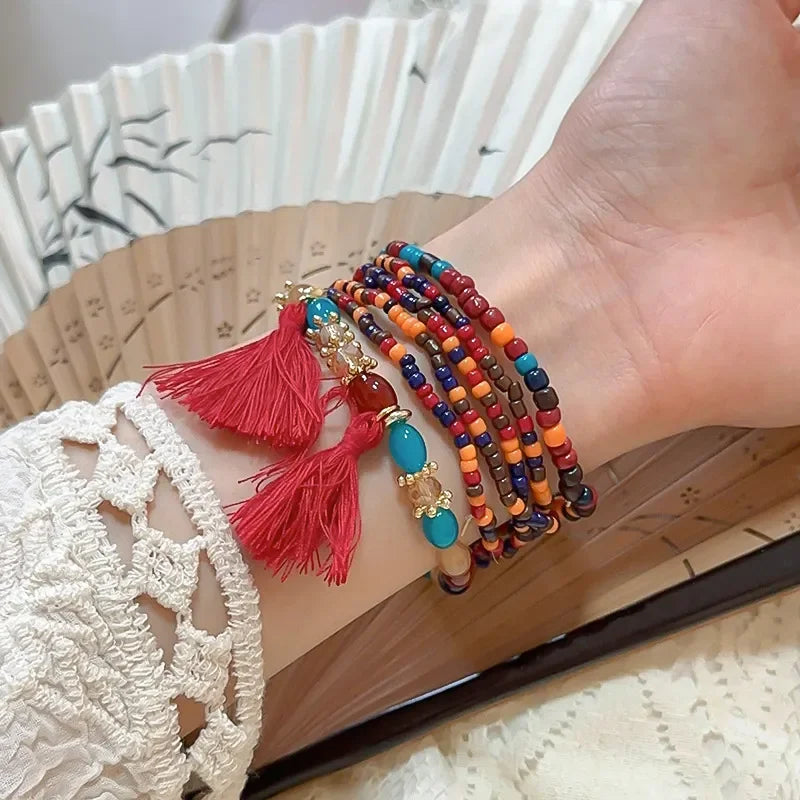 Multi Strand Boho Tassel Rice Bead Bracelet With Layered Beads - Southern Shores Clothing