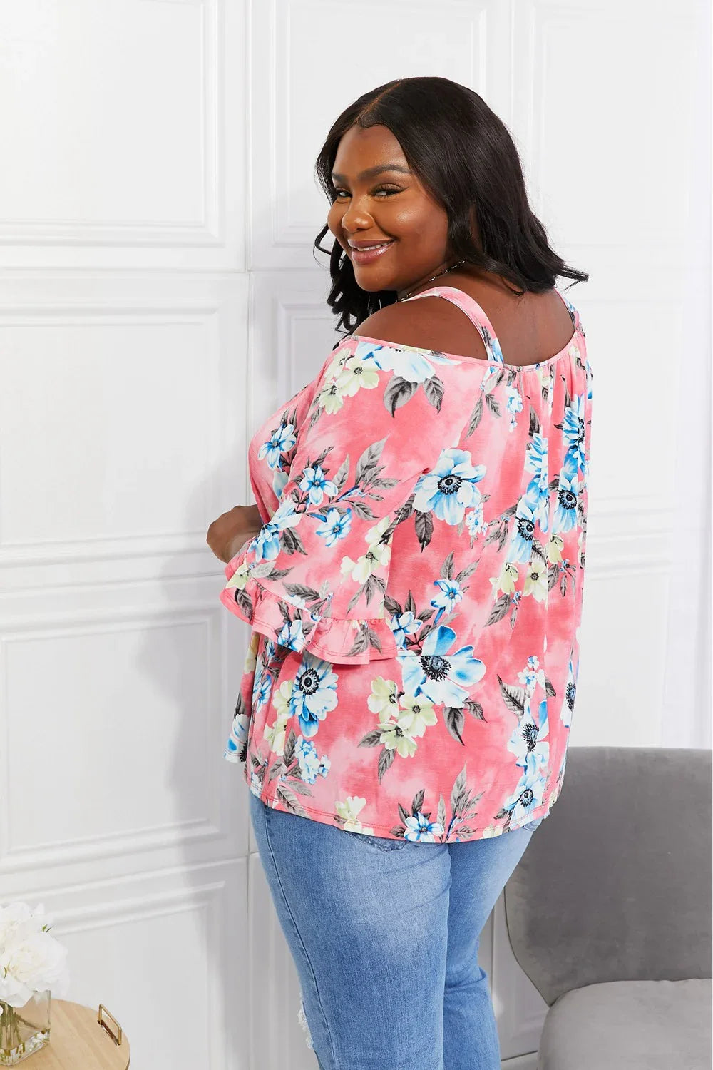 Floral Cold Shoulder Knit Top With Stretch - Southern Shores Clothing