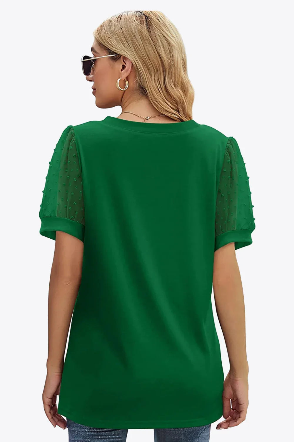 Swiss Dot Puff Sleeve V-Neck Tee With Dot Detailing - Southern Shores Clothing