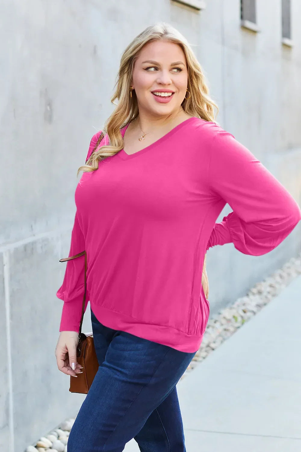 V Neck Lantern Sleeve Top Lightweight Stretch - Southern Shores Clothing