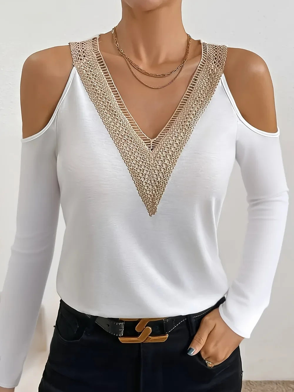 V Neck Cold Shoulder Long Sleeve Tee With Lace Detail - Southern Shores Clothing