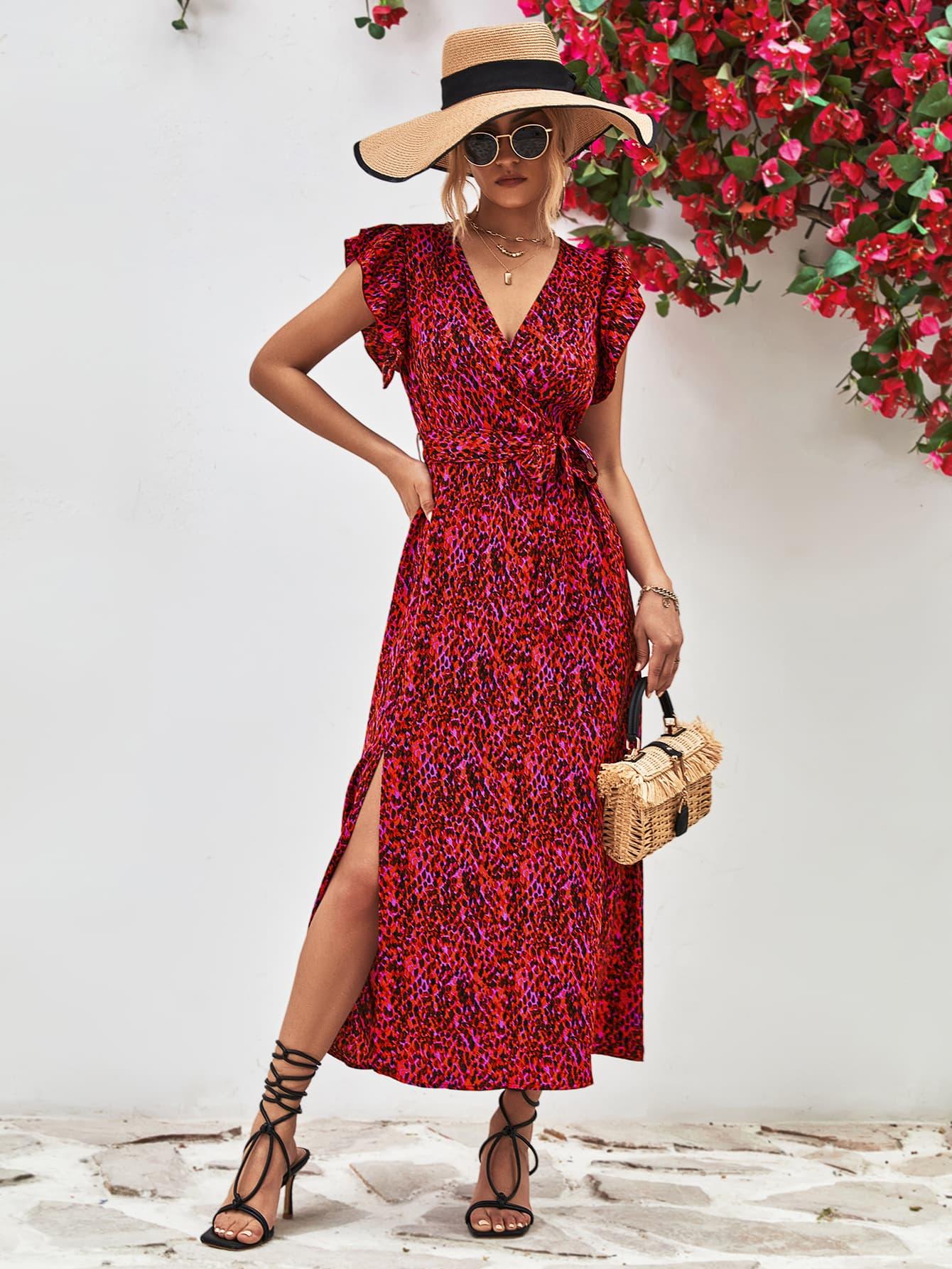 Printed Surplice Neck Flutter Sleeve Slit Dress - Southern Shores Clothing