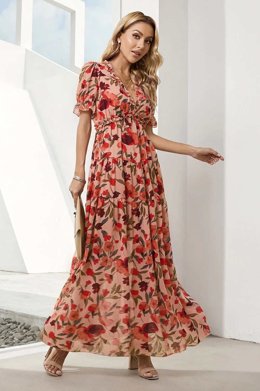 Floral V Neck Short Flounce Sleeve Maxi Dress - Southern Shores Clothing