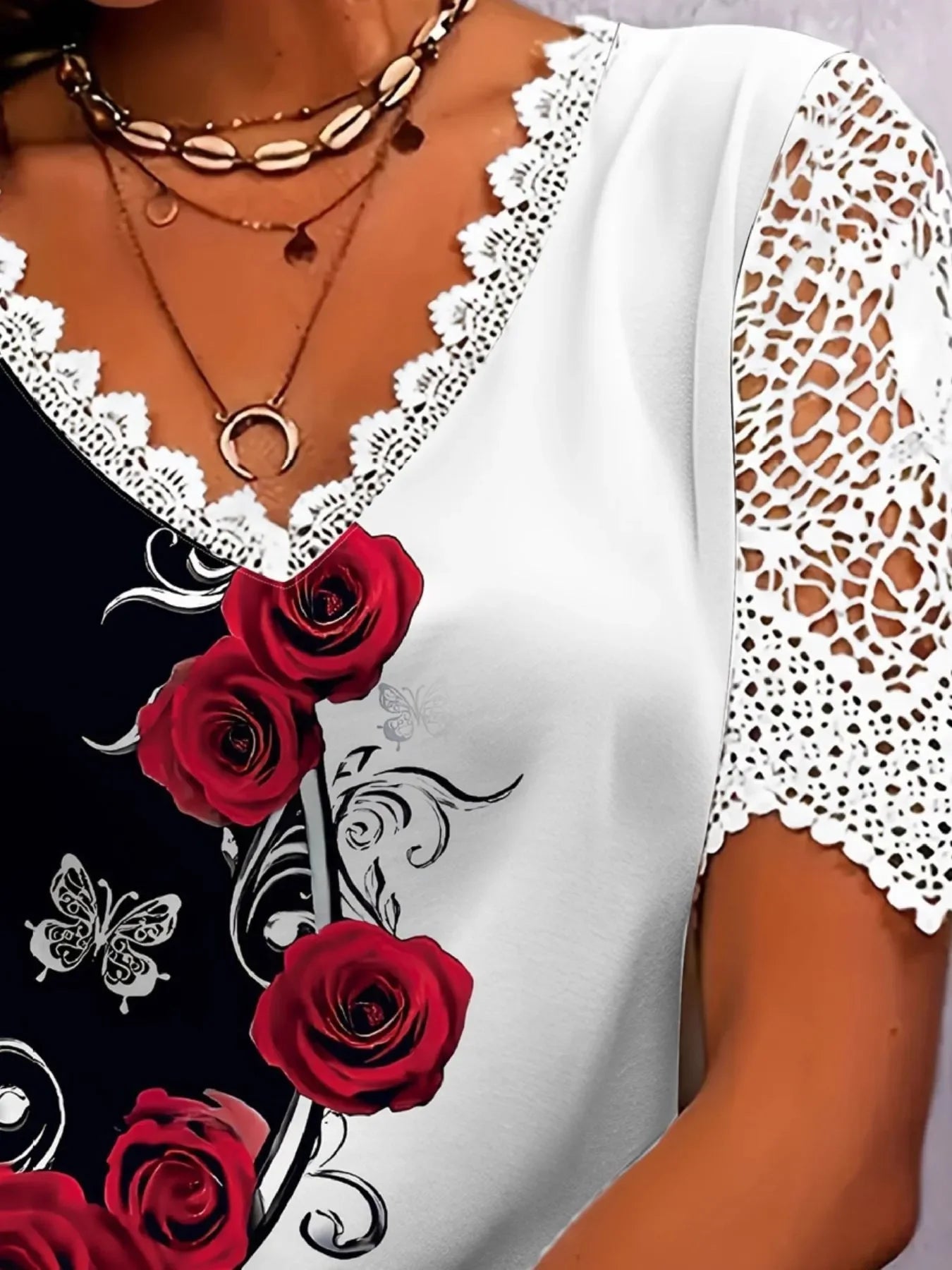 Full Size Printed Lace Sleeve V-Neck T-Shirt Plus Size - Southern Shores Clothing
