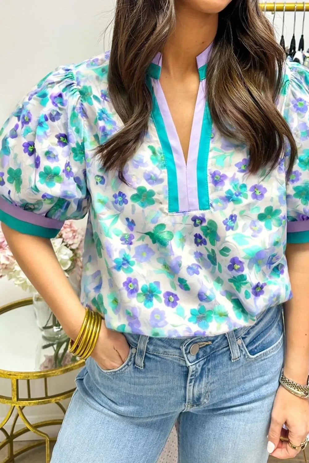 Floral Print Puff Sleeve Notched Polyester Blouse - Southern Shores Clothing
