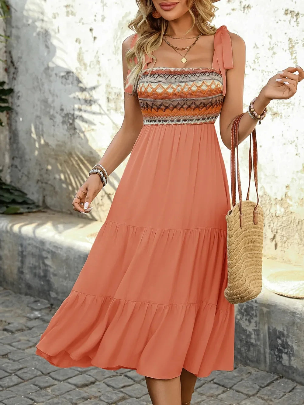 Smocked Bodice Tie Shoulder Square Neck Tiered Midi Dress - Southern Shores Clothing