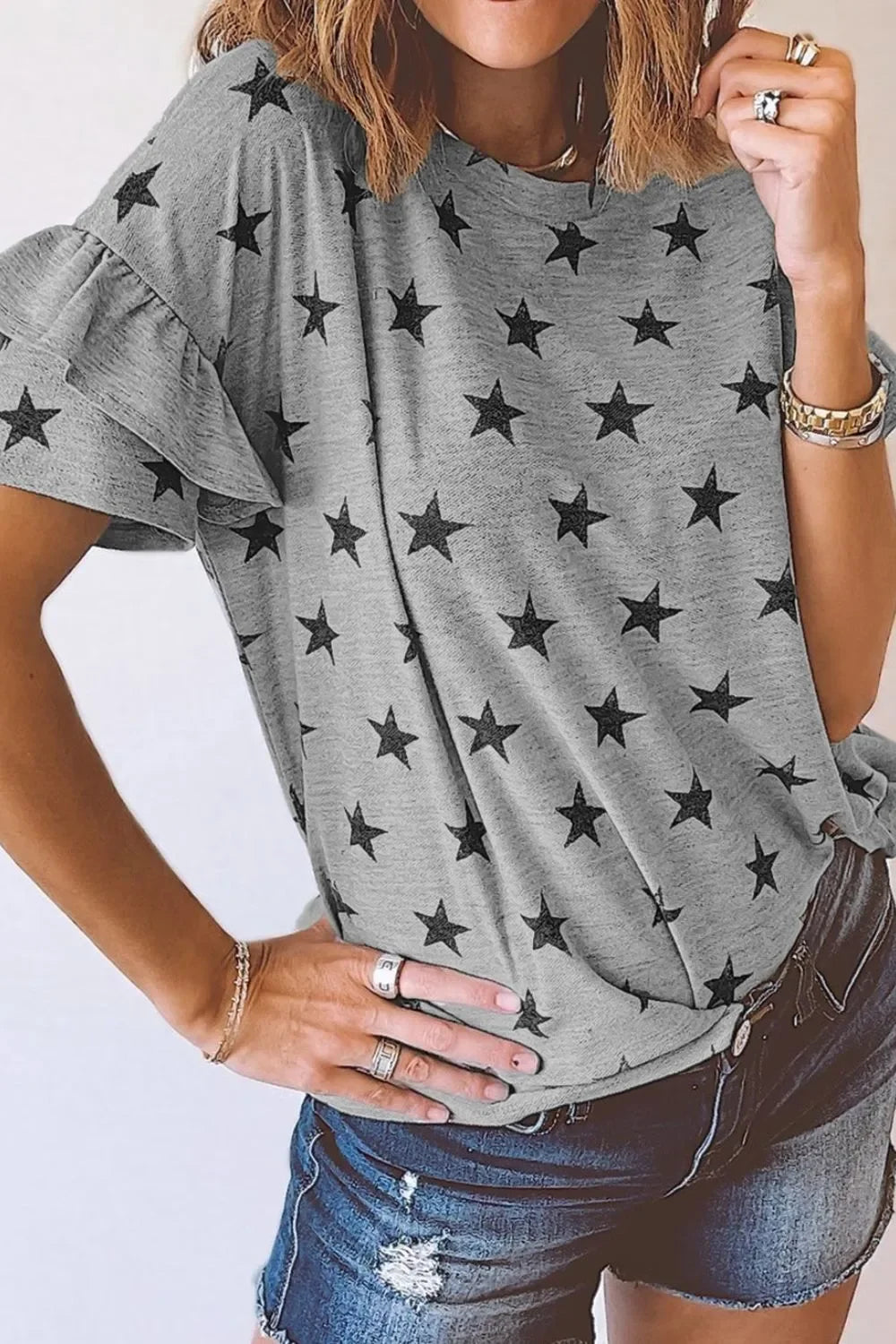 Star Print Tiered Ruffled Sleeve Crew Neck T Shirt - Southern Shores Clothing
