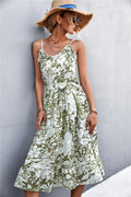 Floral Frill Trim Scoop Neck Spaghetti Strap Dress - Southern Shores Clothing