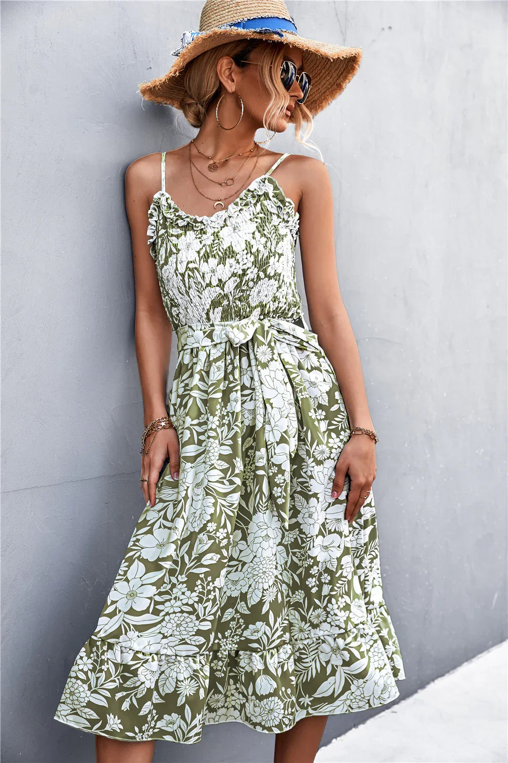 Floral Frill Trim Scoop Neck Spaghetti Strap Dress - Southern Shores Clothing
