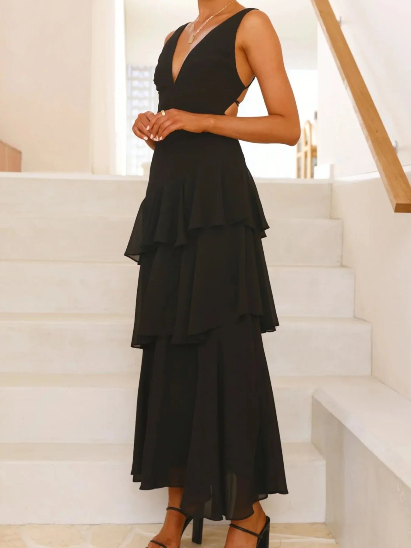 Sleeveless Ruffled Layered Backless Maxi Dress - Southern Shores Clothing
