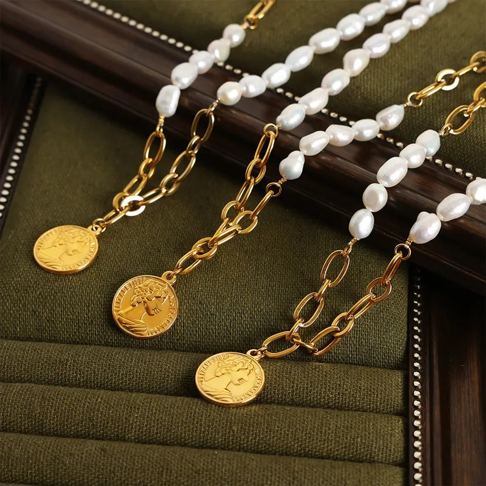 Pearl Coin Pendant Necklace With Titanium Chain Gold Plated - Southern Shores Clothing